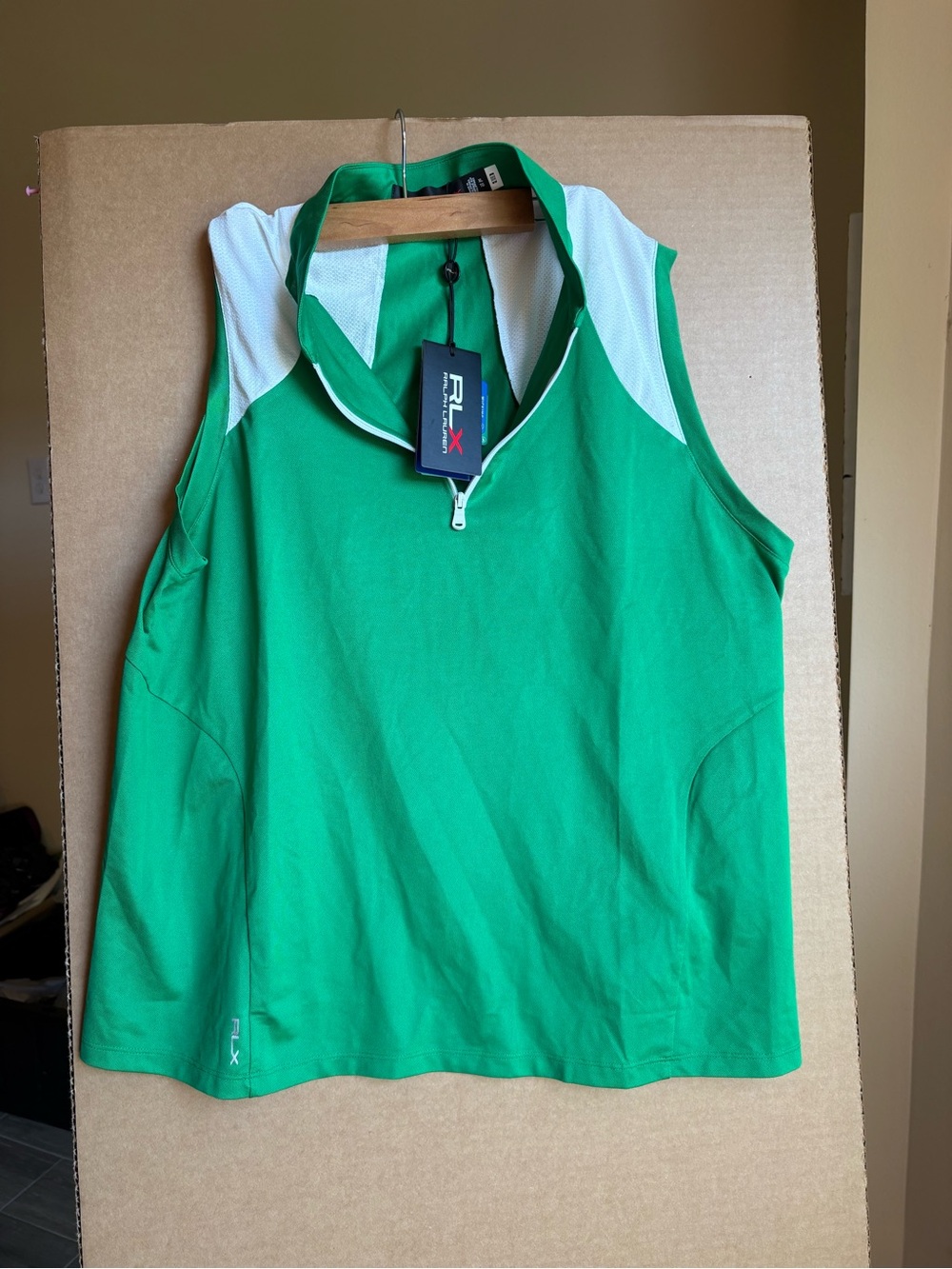 Ralph Lauren RLX Green and White Sleeveless Zip Polo Tank